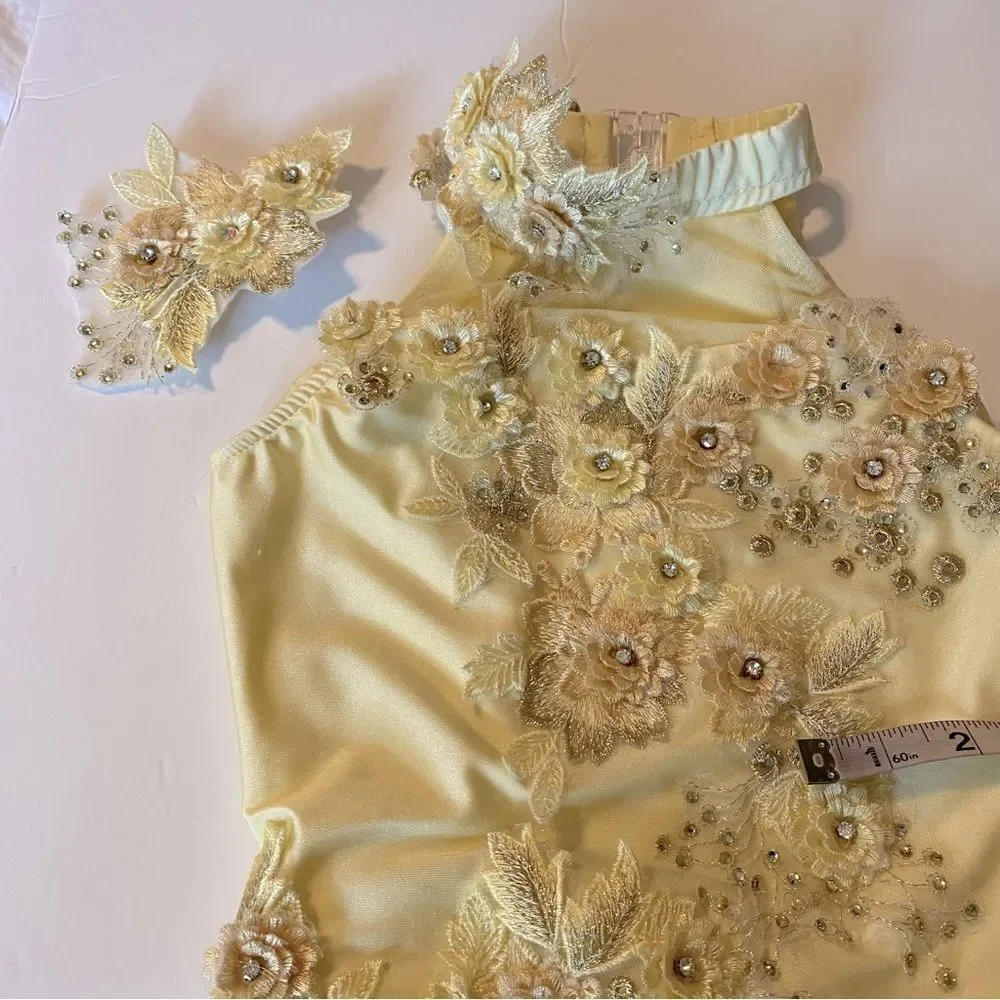 Glamour solo dance costume leotard pale yellow embellished rhinestone lace MC